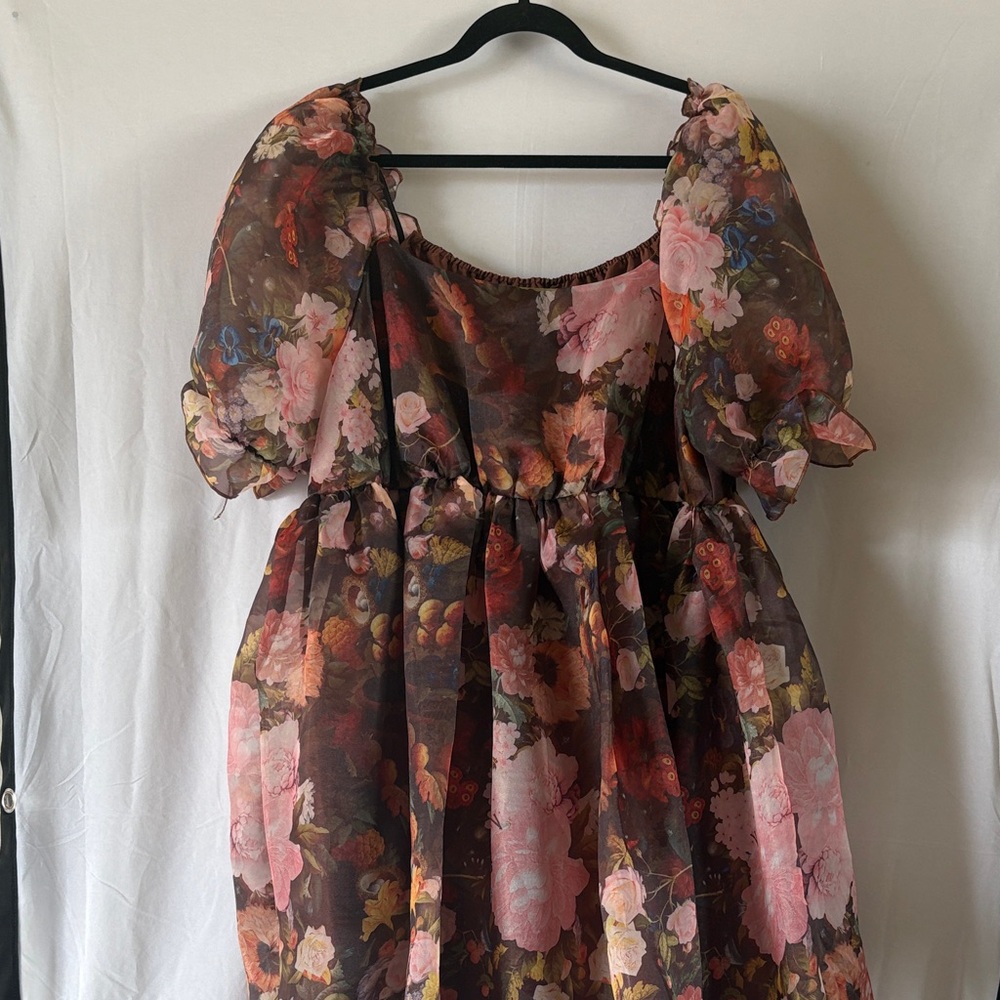 SHEIN Brown Floral Puff Sleeve Midi Dress with Pink Blooms